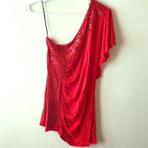 One shoulder bright red embellished top!